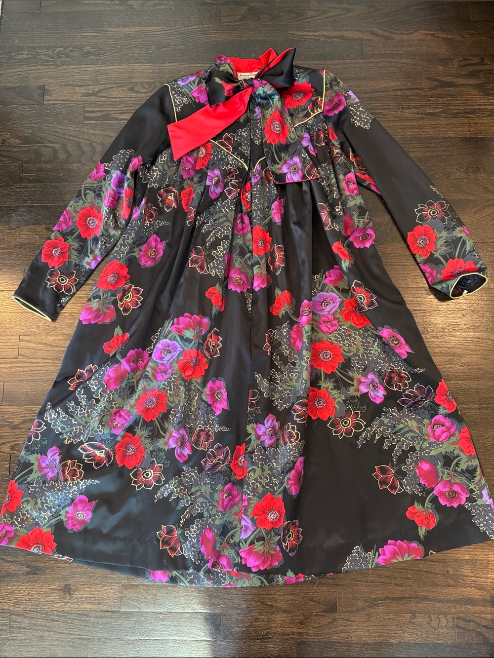 Dior Black Floral Dress with Red Bow and Purple Blooms